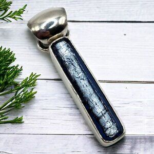925 Dichroic Art Glass Pendant 2" Blue Silver Elongated Sterling Silver Stunning